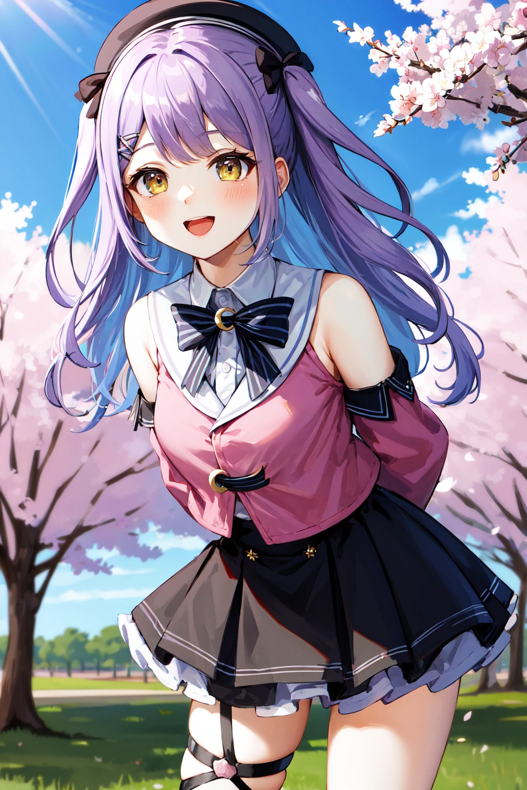 masterpiece, best quality, highres, aaruna, long hair, two side up, hair bow, hairclip, beret, black headwear, black bowtie, crescent, shoulder cutout, pink shirt, detached sleeves, long sleeves, black skirt, frilled skirt, single thighhigh, <lora:shinomiya_runa_v1:0.7> standing, cowboy shot, arms behind back, leaning forward, smile, open mouth, outdoors, cherry blossoms,