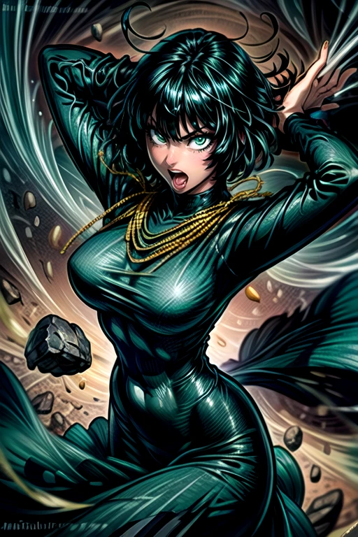 best quality, masterpiece <lora:Fubuki2:1> <lora:more_details:1> fubuki2, 1girl, solo, breasts, looking at viewer, short hair, open mouth, bangs, large breasts, black hair, long sleeves, dress, jewelry, green eyes, necklace, black dress, arms up, covered navel, watermark, web address, rock, taut clothes, aura, telekinesis