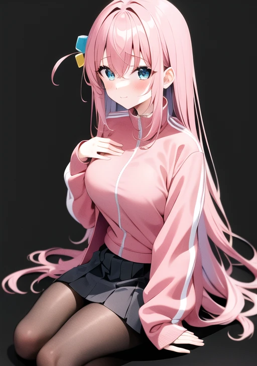 masterpiece, 1 girl, round face, (round chin:1.5), pink hair, gotou, gotou1, gotou hitori, bangs, detailed beautiful face, shaded face,hair between eyes, cube hair ornament, blue eyes, looking at viewer, pink track jacket, pleated skirt, frown, blush, realistic eyes, moist lips, intricate details, professional lighting, physically-based rendering, <lora:gotou_hitori_v1:0.7>, (ulzzang-6500-v1.1:0.3)
