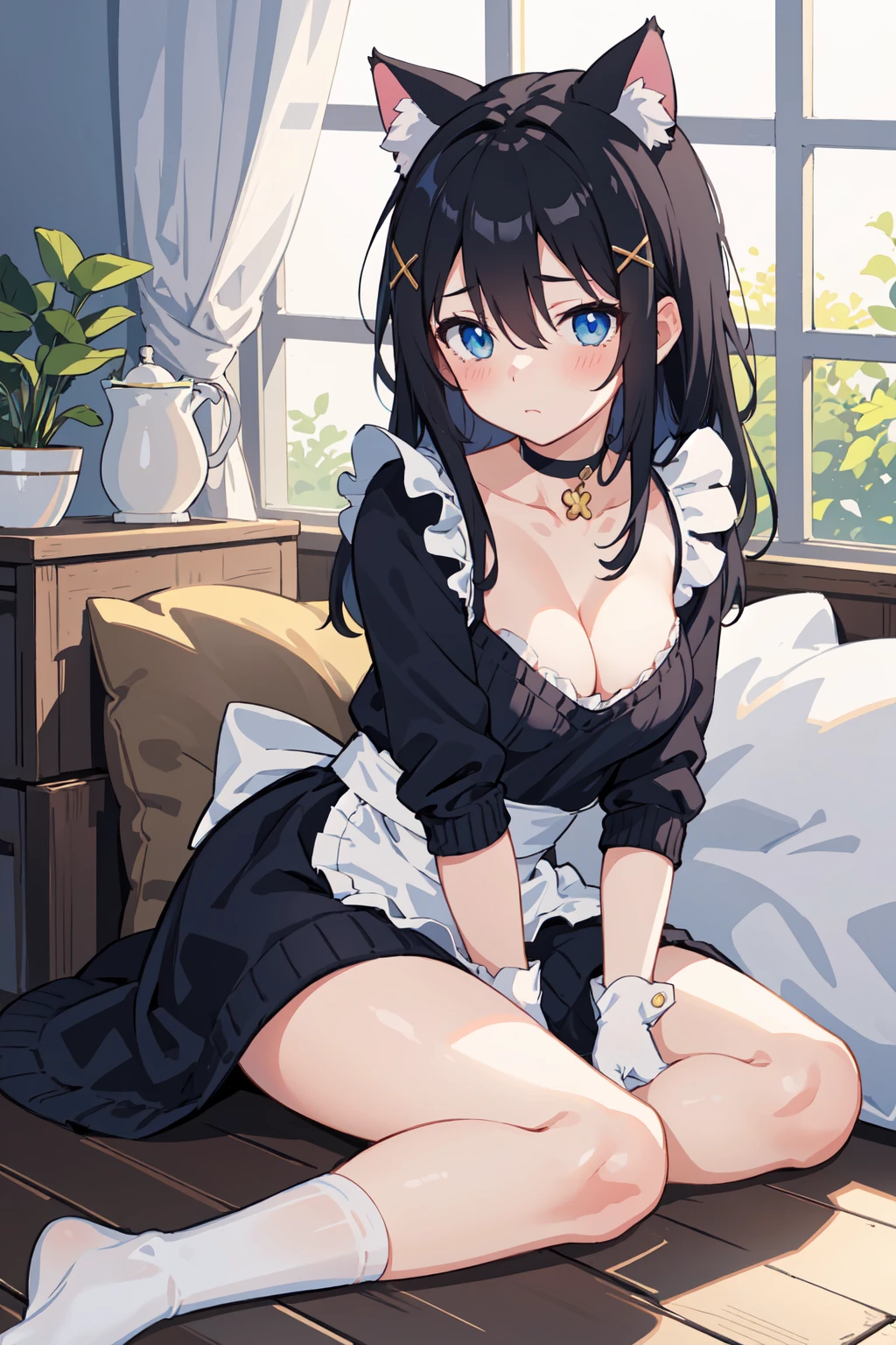 (masterpiece:1.2, best quality), 1girl, mature female, facing viewer, long black hair, cat ears, hair between eyes, bangs, choker, x hair ornament, blue eyes, blush, expressionless, maid, white socks, white gloves, thick thighs, medium breasts, cleavage, sweater