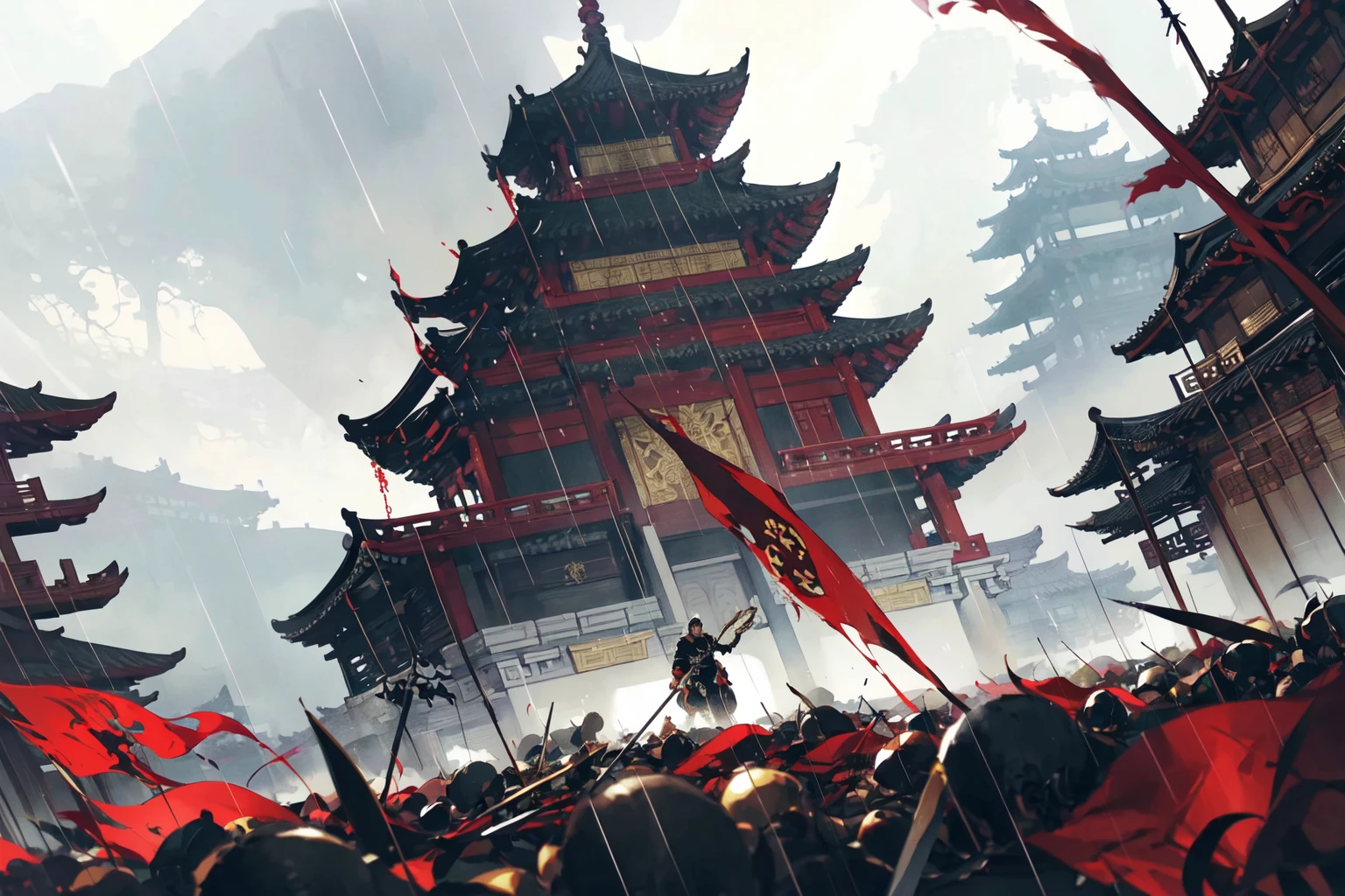 (masterpiece:1.2),best quality,PIXIV,
Hanama wine,architecture,east asian architecture,rain,weapon,multiple boys,flag,blood,riding,polearm,banner,outdoors,sword,war,6+boys,spear,hat,multiple others,armor,holding weapon,sky,male focus,death,holding,
<lora:Hanama wine V2-000018:0.8>,