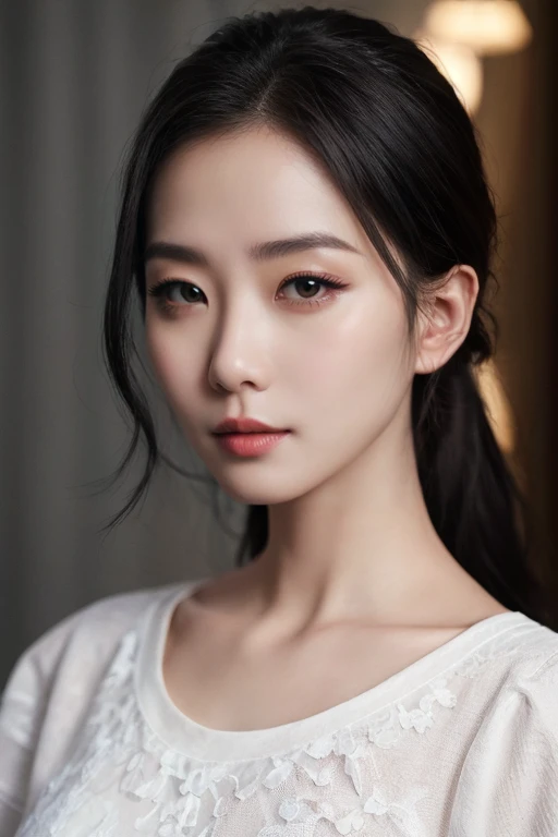 hyper realistic lifelike texture dramatic lighting unreal engine trending on art station, award winning photo, nikon RAW photo,8 k, Fujifilm XT3,masterpiece, best quality, realistic, photorealistic, ultra detailed, extremely detailed face, solo,1girl, standing, fashionable and trendy atmosphere, high-end makeup products, and a stylish expression on her face, close up, t-shirt