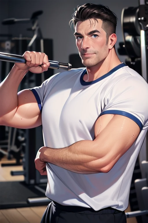 ((masterpiece)), ((best quality)), (ultra-detailed), absurdres, extremely detailed CG unity 8k wallpaper, Official Art, (realistic), beautiful face, detailed hands, expressive eyes, upper body, close up, solo, (gym, scenery, illustration, dramatic lighting:1.1), (standing, arm at side, smile:1.2), (1boy, mature male, dilf, fatherly, muscular male, abs, biceps:1.4), (gym shirt, gym pants:1.3), ((masterpiece)), , absurdres, HDR <lora:GoodHands-vanilla:1>