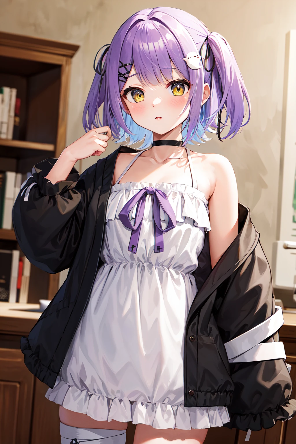 masterpiece, best quality, highres, aaruna, short hair, two side up, black ribbon, hair ornament, hairclip, black choker, collarbone, bare shoulders, frills, white dress, purple ribbon, off shoulder, black jacket, open jacket, long sleeves, sleeves past wrists, bandages, <lora:shinomiya_runa_v1:0.7>, standing, cowboy shot, indoors, room,