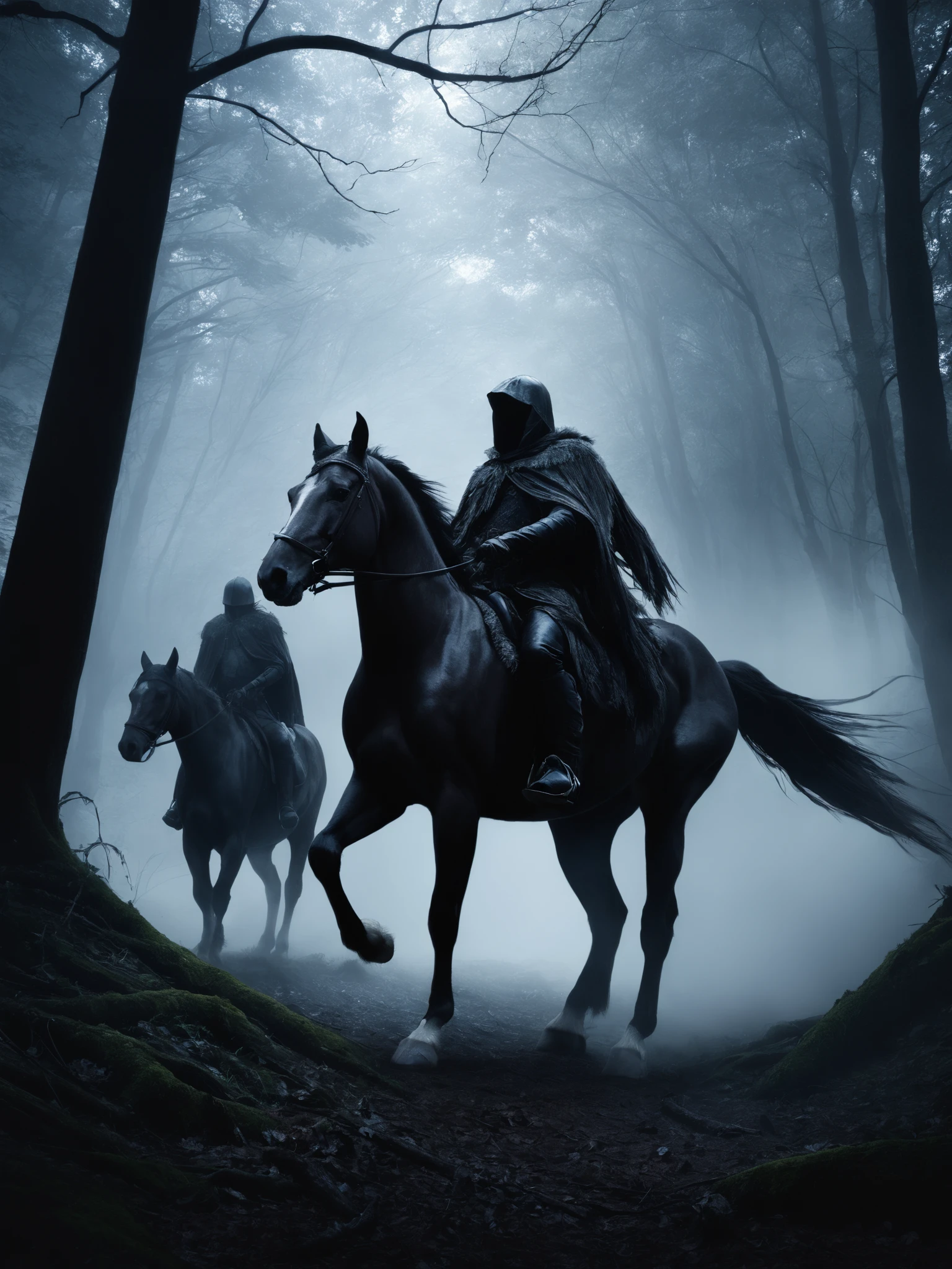 ral-mythcr, wild hunt, mythical creature, a photorealistic image of the Wild Hunt, a dramatic and mystical scene set in a dark, foreboding forest, the scene features ghostly figures on horsesï¼