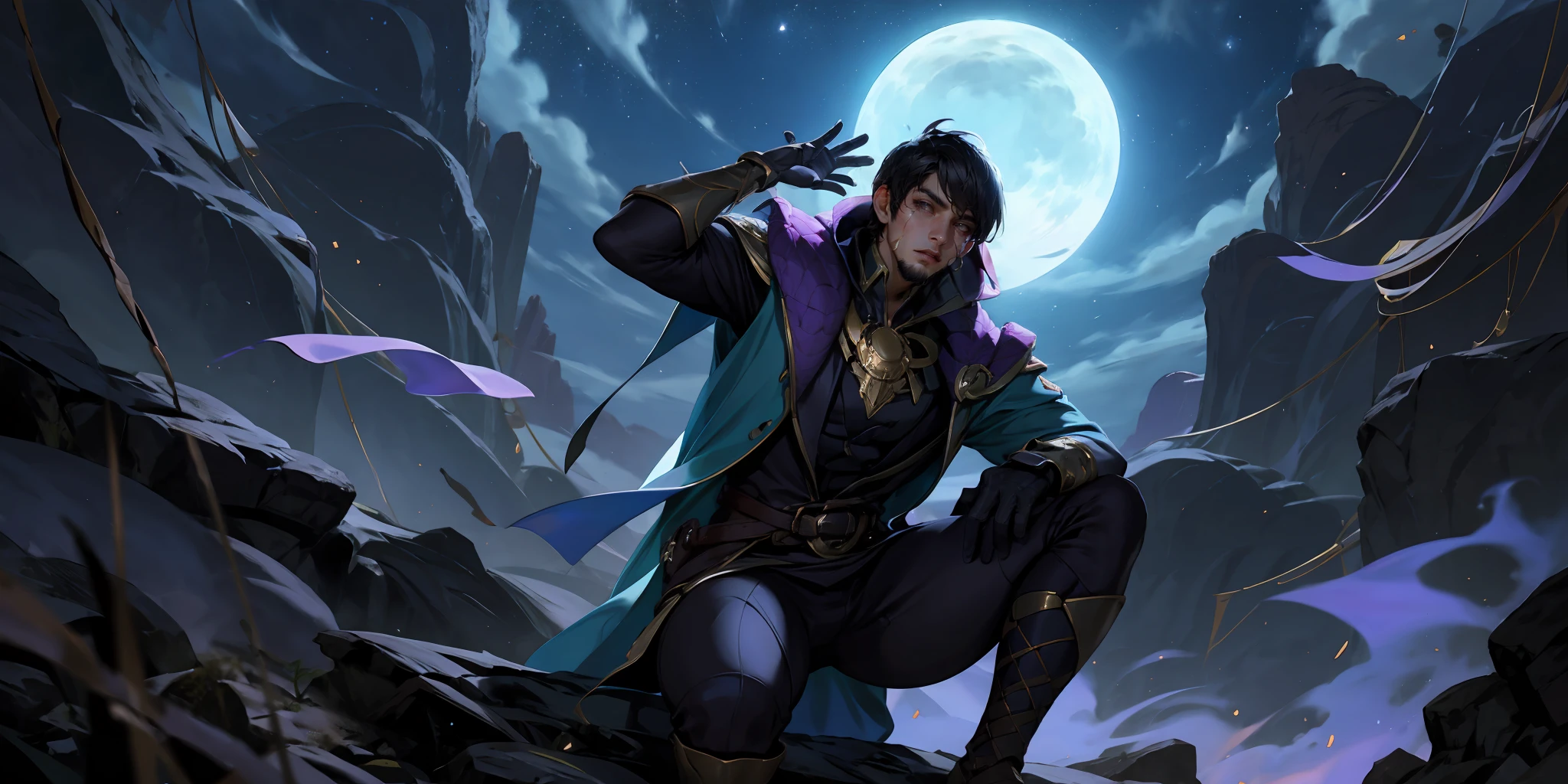HEZI, LOL, \\\(lol style\\\), game cg, night, 1boy, black hair, bangs, outdoors, sky, short hair, facial hair, holding, moon, star \(sky\), 1girl, scar, long hair, cape, solo, gloves, night sky, starry sky, crescent moon, pants, looking at viewer, sitting, teeth, one knee, mask, male focus, beard, long sleeves, scar on face, bowl, glowing, hand up<lora:LOLå·¨ç¥å³°_天ç(8bit)2-000018:0.6>,