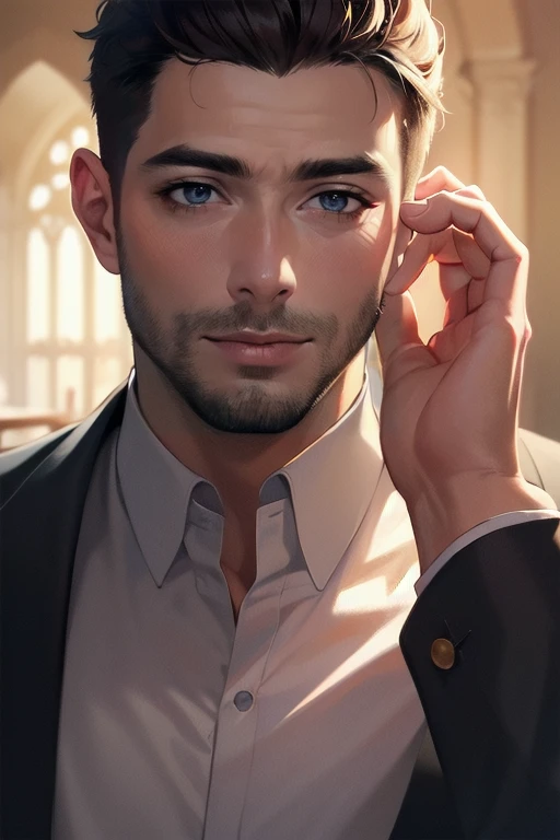 ((masterpiece)),  ((best quality)),  (ultra-detailed),  absurdres,  extremely detailed CG unity 8k wallpaper,  Official Art, [expressive eyes,  beautiful face:0.5],  detailed hands,    upper body,  close up,  solo,  scenery,  illustration,  dramatic lighting,  standing,  arm at side,  seductive smile,  parted lips,  1boy, mature male, facial hair,  ((masterpiece)),  , absurdres,  HDR, <lora:GoodHands-vanilla:1>