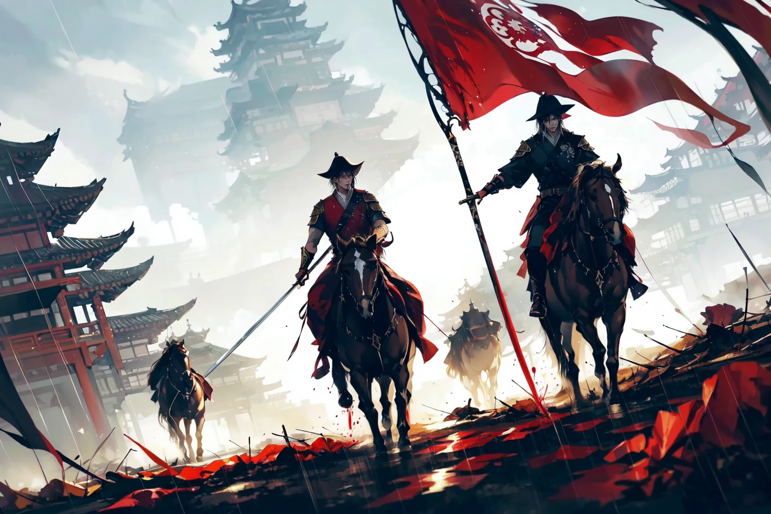 There are a lot of people riding horses with flags and flags, making: Yang J, Feudal Japanese Art, Imperial Army, Wretched and depraved knights, Background of the invading forces, making: Li Zai, Award-winning concept art, Professional Concept Art, making: Sun Kehong, making: Qu Leilei, arknights, Medieval concept art, making: Huang Shen