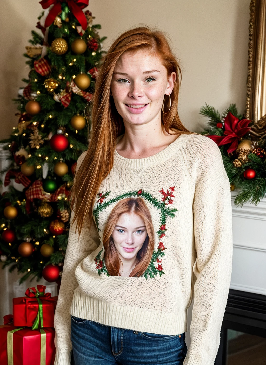 RAW photo of 20 years old alextanner-ti, natural lighting, 8k uhd, dslr, high quality, film grain, Fujifilm XT3, <lora:add_detail:0.7>, by David LaChapelle, christmas theme, young, wearing a sweater