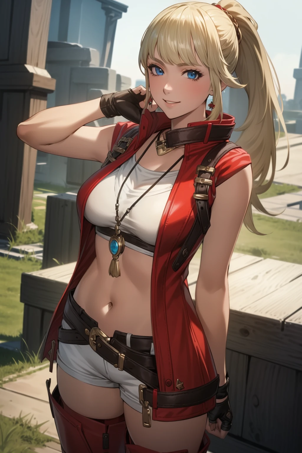 (from front:1.3), cowboy shot, standing, (looking at viewer:1.3), large breasts, smile, happy, (closed mouth:1.2), arm behind back, <lora:Lyse_FF14:0.6>, Lyse, bangs, blonde hair, (long hair:1.4), (ponytail:1.4), hair ornament, blue eyes, lips, earrings, jacket, red jacket, open jacket, sleeveless, shirt, pendant, gloves, black gloves, fingerless gloves, belt, pants, shorts, white shorts, short shorts, red footwear, red thighhighs, thigh boots, thighhighs, boots, masterpiece, best quality, high-resolution, absurdres, highres, ultra detailed, highly detailed, detailed beautiful face and eyes, 4k, 8k, <lora:Silicon-landscape-isolation:1>