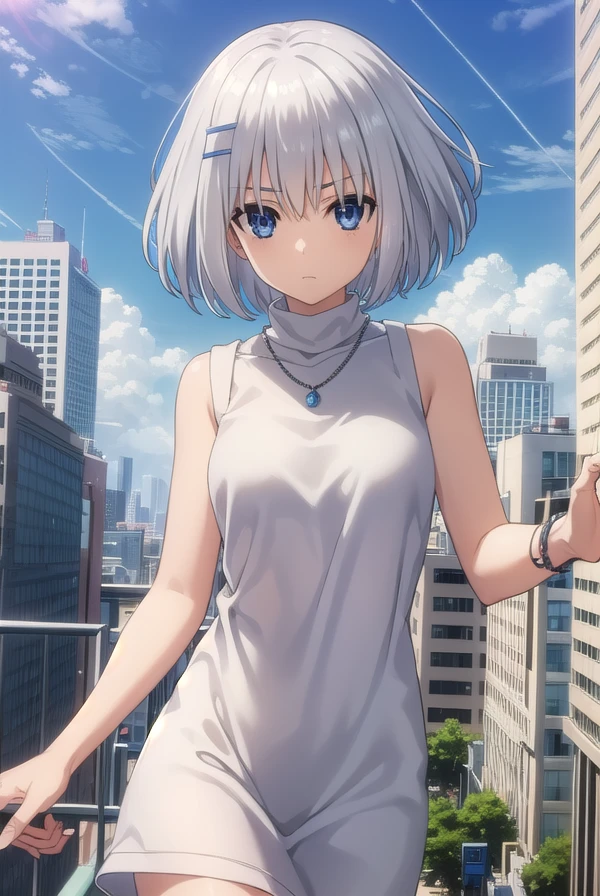 origamitobiichi, <lora:origami tobiichi s2-lora-nochekaiser:1>,
origami tobiichi casual, short hair, blue eyes, hair ornament, bare shoulders, jewelry, white hair, sleeveless, hairclip, necklace, turtleneck, sleeveless turtleneck, strap between breasts, white dress,
BREAK ,
BREAK outdoors, sky, blue sky, clouds, sun, city, buildings, crowd, people,
BREAK looking at viewer, (cowboy shot:1.5),
BREAK <lyco:GoodHands-beta2:1>, (masterpiece:1.2), best quality, high resolution, unity 8k wallpaper, (illustration:0.8), (beautiful detailed eyes:1.6), extremely detailed face, perfect lighting, extremely detailed CG, (perfect hands, perfect anatomy),