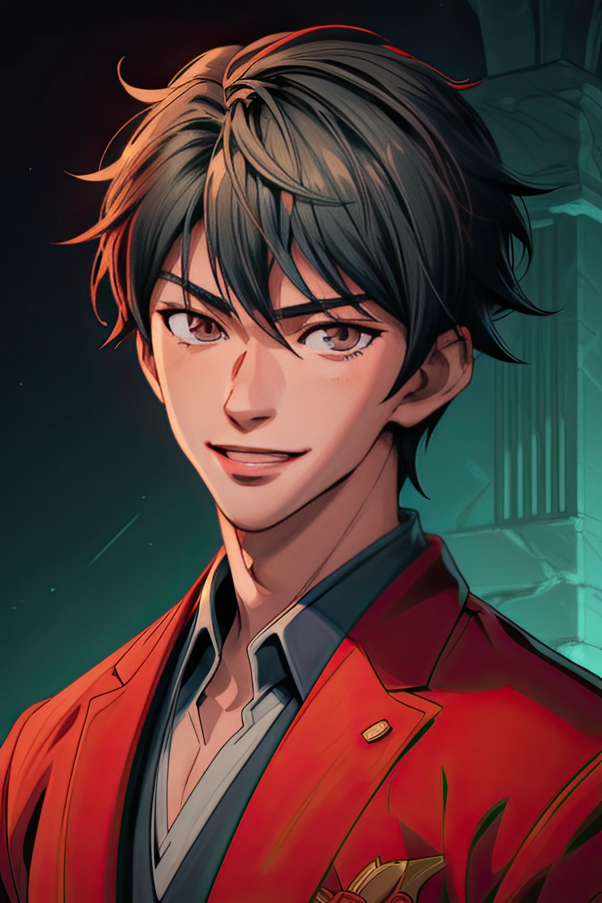 (masterpiece:1.21),(illustration:1.1),best quality,delicate details,refined rendering,Anime style,anime cgi,extremely detailed CG unity 8k wallpaper,1boy,asian slim boy,tall,thin,solo,handsome,portrait,<lora:add_detail:1>,cinematic lighting,Soft illuminaotion,Wolf Cut,Evil Smile