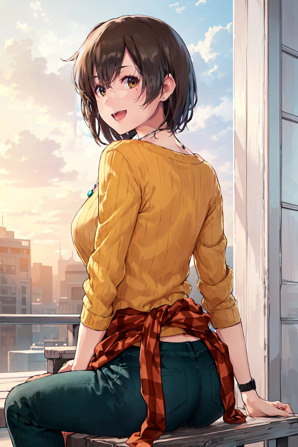 (masterpiece), (best quality), (ultra-detailed), photorealistic, (best illustration), (an extremely delicate and beautiful),1girl, solo, hiryuucasual, orange sweater, ribbed sweater, green pants, (necklace:0.9), bracelet, clothes around waist, plaid, sitting, looking back, brown hair, brown eyes, :d, (pendant:0.9)  <lora:hiryuu_all_nai_6-24:0.8:lbw=OUTD>