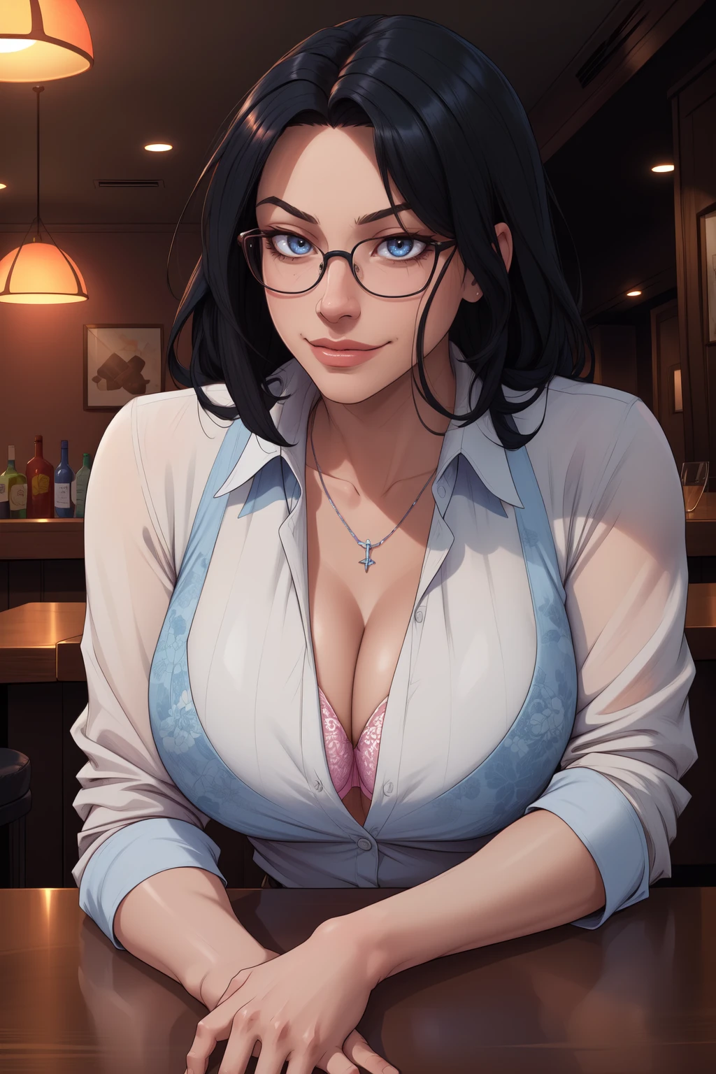 (masterpiece, best quality, absurdres, 4k, aesthetic, detailed, intricate, perfect lighting),soft ambient lighting,1girl,pov across table,elbow rest,sitting in a bar,business suit,unbuttoned shirt,bra visible through clothes,(black hair,grey hair,two-tone hair),round-frame glasses,blue eyes,(mature female,aged up),seductive,cinematic angle