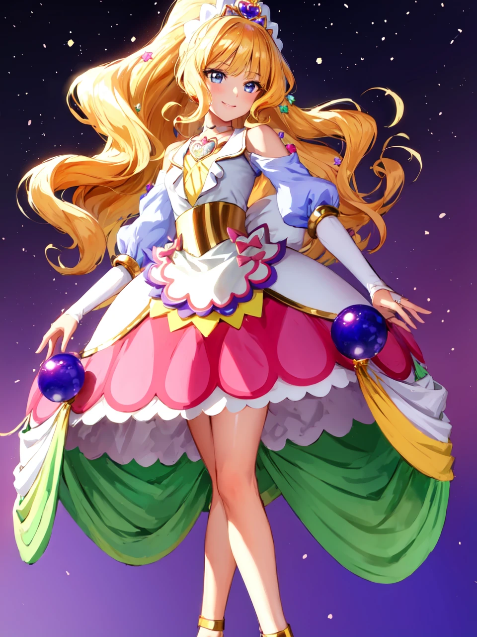 masterpiece, best quality, looking at viewer, depth of field, standing,
1girl, <lora:locon_cure_finale_02:0.9>, cure finale, detached sleeves, hair ornament, shoulder cutout, brooch, tiara, choker, waist apron, brooch, arm warmers, white high heels, 
smile, ((gradient background)), lens flare,