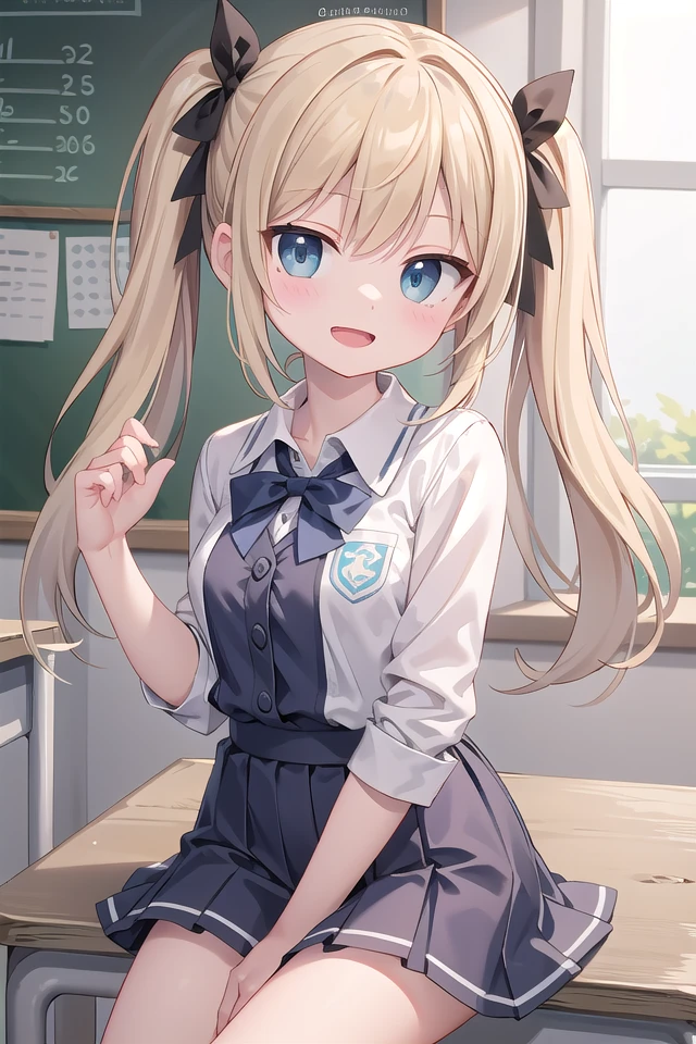 insanely detailed, absurdres, ultra-highres, ultra-detailed, best quality,
1 girl, solo, nice hands, perfect hands,
BREAK,
wearing summer school uniform,
evil smile, open mouth,
sitting,
45 angle, cowboy shot, looking at viewer,
BREAK,
slender, kawaii, perfect symmetrical face, ultra cute girl, ultra cute face, ultra detailed eyes, ultra detailed hair, ultra cute, ultra beautiful
BREAK,
indoors, in classroom,
blonde hair, twintails, blue eyes