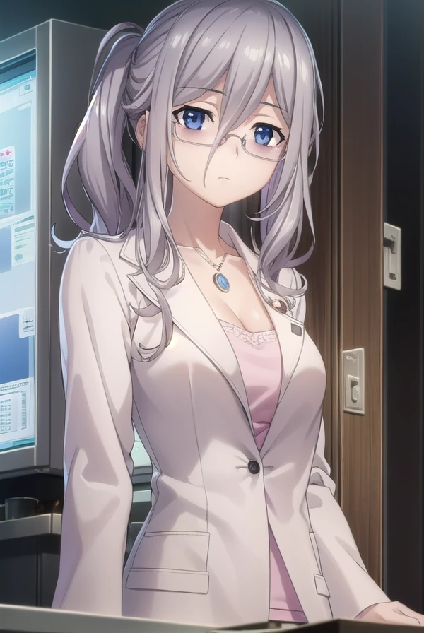 reinamurasame, <lora:reina murasame s2-lora-nochekaiser:1>,
reina murasame, long hair, blue eyes, grey hair, side ponytail, hair between eyes,
BREAK shirt, (pink shirt:1.2), cleavage, collarbone, necklace, labcoat, white labcoat, skirt, pencil skirt, black skirt, open clothes, glasses, stuffed toy, stuffed animal, teddy bear,
BREAK indoors, classroom,
BREAK looking at viewer, (cowboy shot:1.5),
BREAK <lyco:GoodHands-beta2:1>, (masterpiece:1.2), best quality, high resolution, unity 8k wallpaper, (illustration:0.8), (beautiful detailed eyes:1.6), extremely detailed face, perfect lighting, extremely detailed CG, (perfect hands, perfect anatomy),