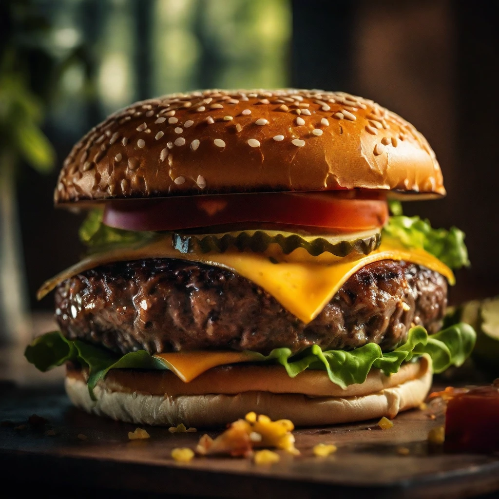 a juicy cheeseburger in a modern,vintage restaurant, tasty, product shoot, focused, detailed