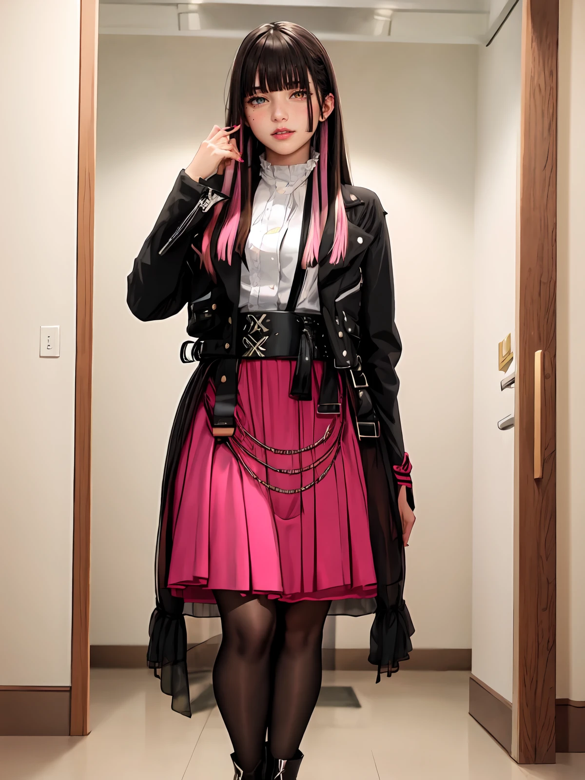(extremely detailed CG), (best quality), 1girl, perfect face, shiny skin, lustrous skin, wide hips,narrow waist, <lora:BerobaGeats-10:0.8>berobageats, long hair, black hair, bangs, skirt, jacket, pantyhose, multicolored hair, shirt, blunt bangs, pink skirt, jewelry, white shirt, heterochromia, mole, belt, boots, nail polish, long sleeves,indoors,