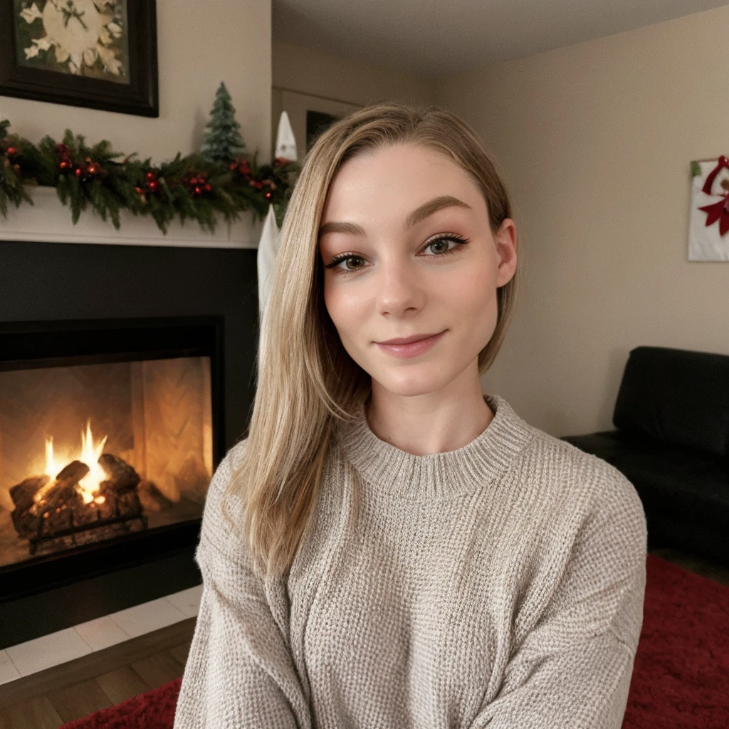 <lora:stpeach_sd15_512_128_64_v1:1>stpeach 1girl, wearing a sweater, christmas decoration cozy fireplace in background,