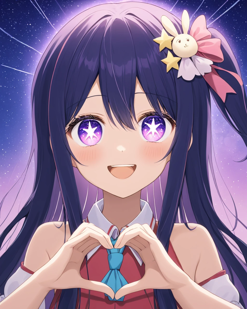 ai hoshino,1girl, solo, open_mouth, smile, star_\(sky\), blush, heart_hands, rabbit_hair_ornament, starry_sky, teeth, looking_at_viewer, +_+, hair_bow, upper_body, one_side_up
<lora:hoshino_ai_(oshi_no_ko)_image2321_2023-12-06:1>,star-shaped_pupils,symbol-shaped_pupils,. gorgeous,key visual, vibrant, studio anime,award-winning, professional, highly detailed,high budget, cinemascope