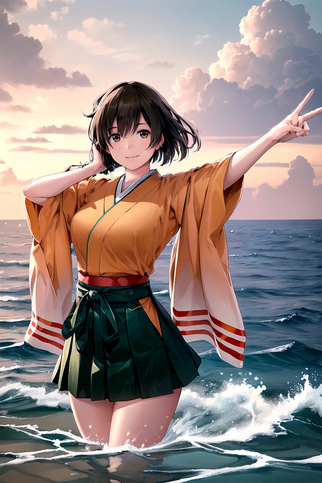 (masterpiece), (best quality), (ultra-detailed), photorealistic, (best illustration), (an extremely delicate and beautiful),1girl, hiryuukc, orange kimono, one side up, brown eyes, brown hair, green hakama, hakama short skirt, [outstretched arms::0.35], smile, cowboy shot, detailed scenery, ocean, horizon, blue sky, cloudy sky, facing viewer, wading, <lora:hiryuu_all_nai_6-24:0.8:lbw=OUTD> <lora:more_details:0.25> [:(peace sign):0.35], [:(hand in own hair):0.35]