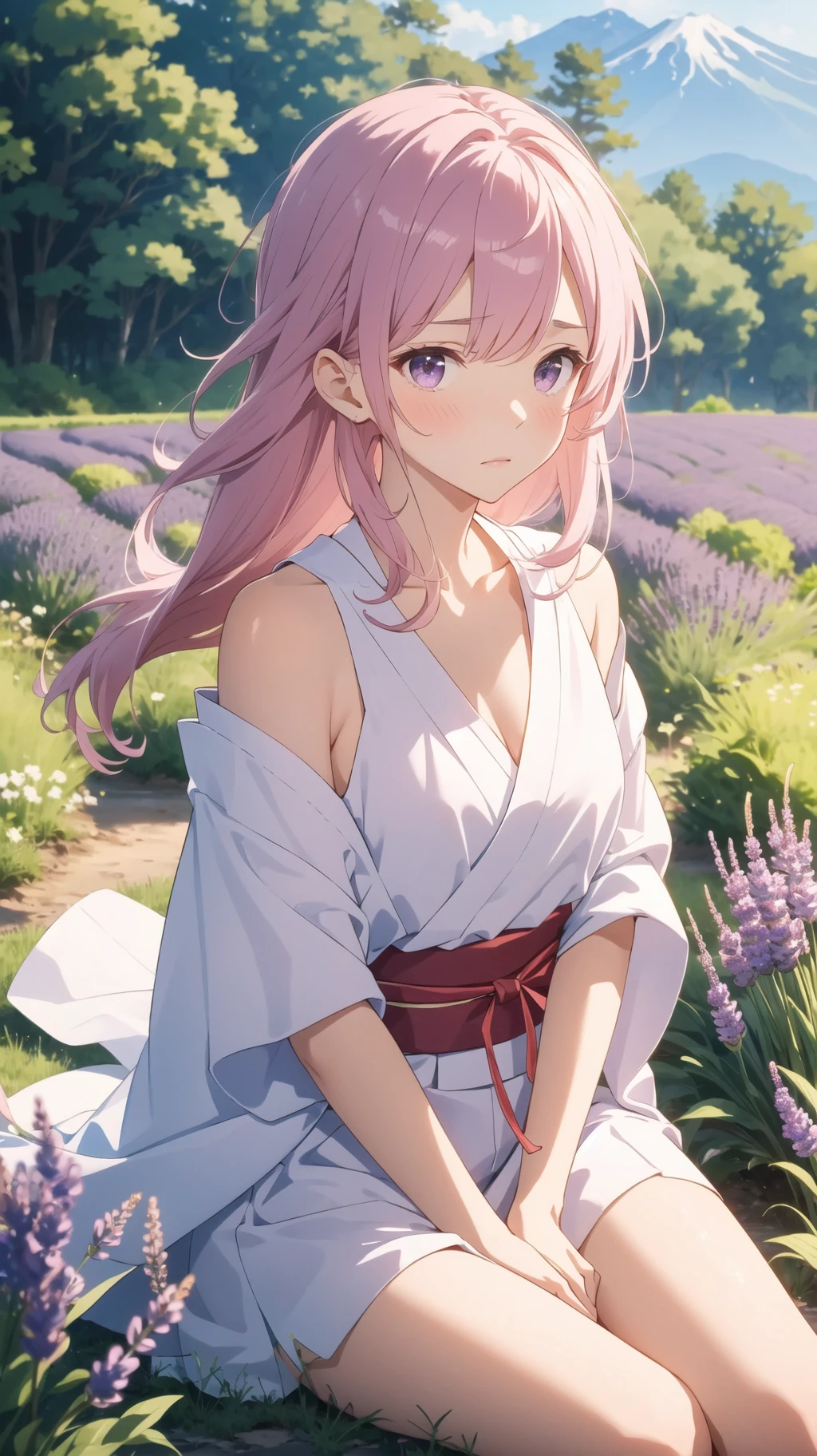 masterpiece, best quality, highres, BREAK, , japanese lavender field midnight, , pink, , meditation pose, , elderly,, , yandere, , ruby, , glossy, disappointed,