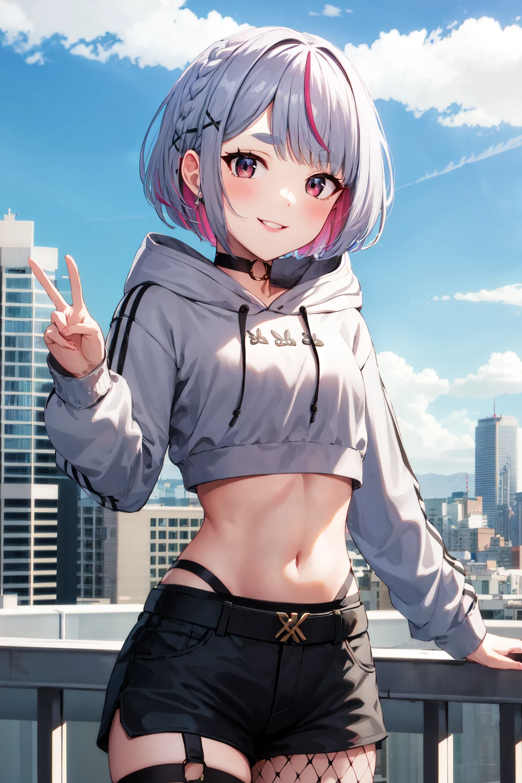 masterpiece, best quality, highres, bbmimi, short hair, grey hair, streaked hair, braid, x hair ornament, thick eyebrows, choker, white hoodie, hood down, long sleeves, midriff, black shorts, thigh strap, fishnet pantyhose, <lora:tosaki_mimi_v1:0.7>, smile, peace sign, rooftop, city, blue sky, standing