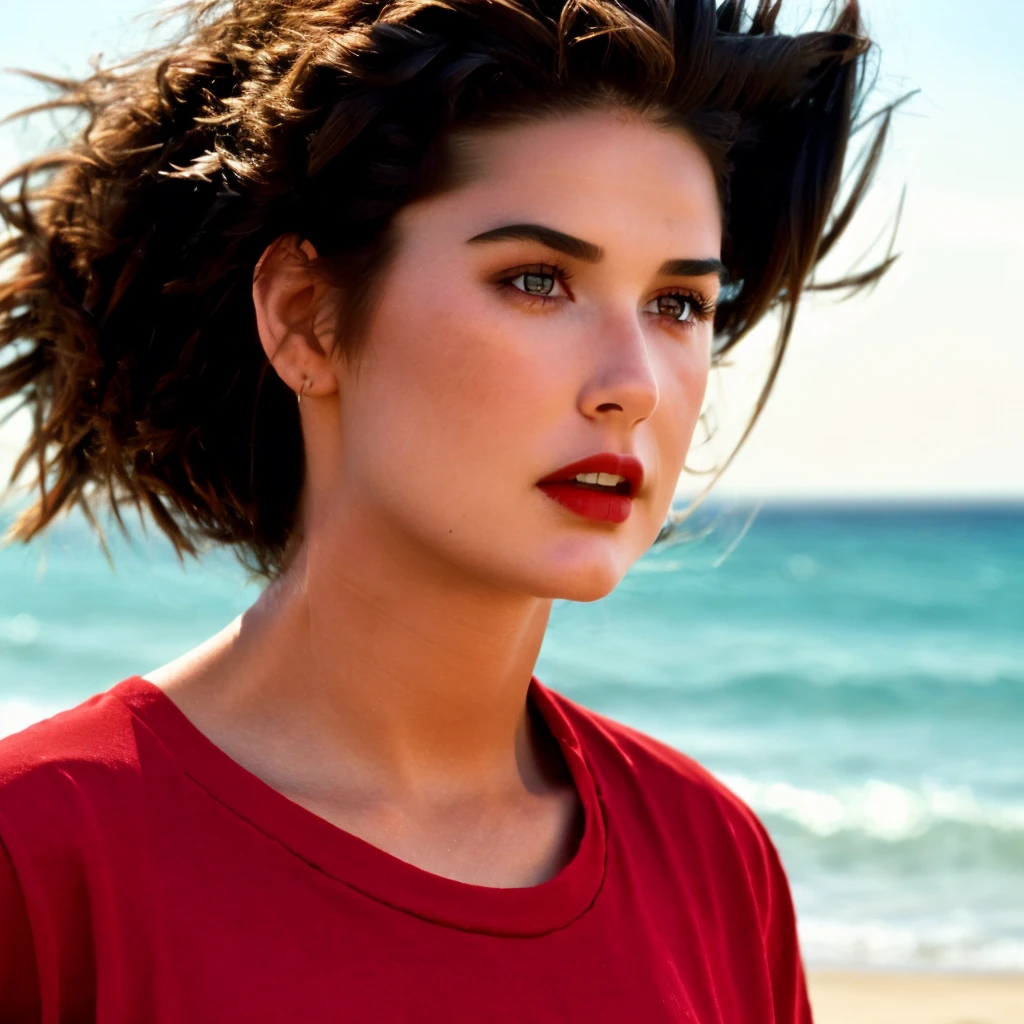 <lora:DemiMooreYoungv2Lora:1> woman with wearing a red tshirt and jeans walking on the beach,beautiful girl, high detail skin, high detail eyes, high detail hair,