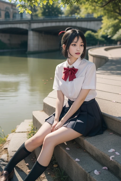 ltra-detailed,highly detailed,best quality,masterpiece,illustration,realistic,
miyamizu mitsuha, 1girl, solo,
black hair, ponytail, short hair, folded ponytail,
school uniform, hair ribbon,bowtie,short sleeves, collared shirt, pleated skirt, socks, loafers,
=looking at viewer, sitting,
outdoors,dawn, water, river, sky, bridge, city, cityscape,parted lips, falling petals,
<lora:miyamizu mitsuha_v1_02:0.7>