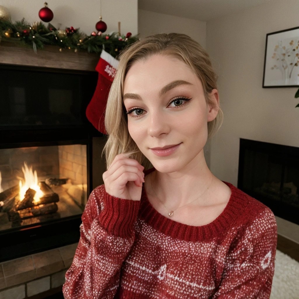 <lora:stpeach_sd15_512_128_64_v1:1>stpeach 1girl, wearing a sweater, christmas decoration cozy fireplace in background,