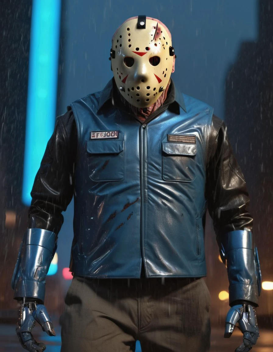 jasonvoorhees as a biomechanical cyberpunk robot, (wearing blue metal robot armor:2.0), (blue cyberpunk vest:1.4), walking in front of raining dark gloomy cyberpunk neon epic city, rtx, cybernetics, human-machine fusion, dystopian, organic meets artificial, dark, intricate, highly detailed, <lora:jasonvoorhees:0.7>