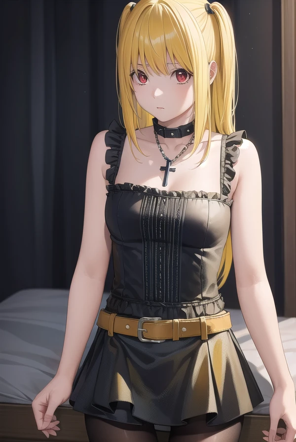 misaamane, <lora:misa amane manga-lora-nochekaiser:1>,
misa amane, twintails, (red eyes:1.3), (yellow hair:1.5), sidelocks, long hair,
BREAK skirt, pantyhose, sleeveless, belt, cross, frilled skirt, gothic, collar, spiked collar,
BREAK indoors, bed,
BREAK looking at viewer, (cowboy shot:1.5),
BREAK <lyco:GoodHands-beta2:1>, (masterpiece:1.2), best quality, high resolution, unity 8k wallpaper, (illustration:0.8), (beautiful detailed eyes:1.6), extremely detailed face, perfect lighting, extremely detailed CG, (perfect hands, perfect anatomy),