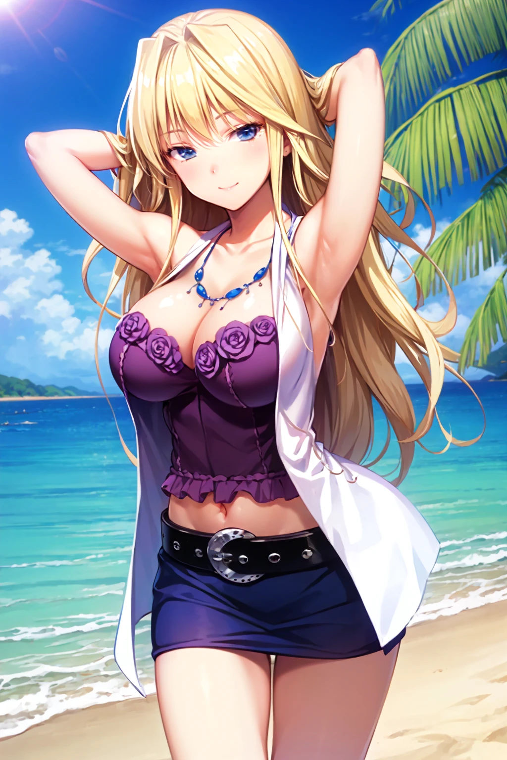 yuriajb, 1girl, solo, necklace, vest, camisole, flower, belt, miniskirt, blue skirt, cleavage, smile, cowboy shot, closed mouth, looking at viewer, sky, palm tree, beach, ocean, arms behind head, <lora:yuriajb_V2-09:0.8>