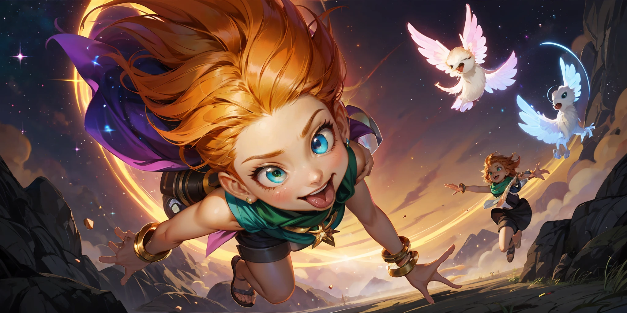 HEZI,LOL,\\\(lol style\\\),game cg,tongue,heterochromia,tongue out,long hair,jewelry,green eyes,multicolored hair,bracelet,necklace,orange hair,bangs,blonde hair,:p,sparkle,multiple girls,gem,blue eyes,2girls,two-tone hair,animal,smile,shorts,pants,bare shoulders,star \(sky\),shirt,1girl,shiny,shiny hair,shoes,dragon,looking at another,green shirt,scarf,outdoors,bare arms,space,crop top,pendant,skirt,magic,mouse,starry sky,weapon,floating,sky,sandals,falling,open mouth,glowing,<lora:çåç³»åââLOLç¾å®£æ°å´è´¨æ(å·¨ç¥å³°_天ç):0.6>,