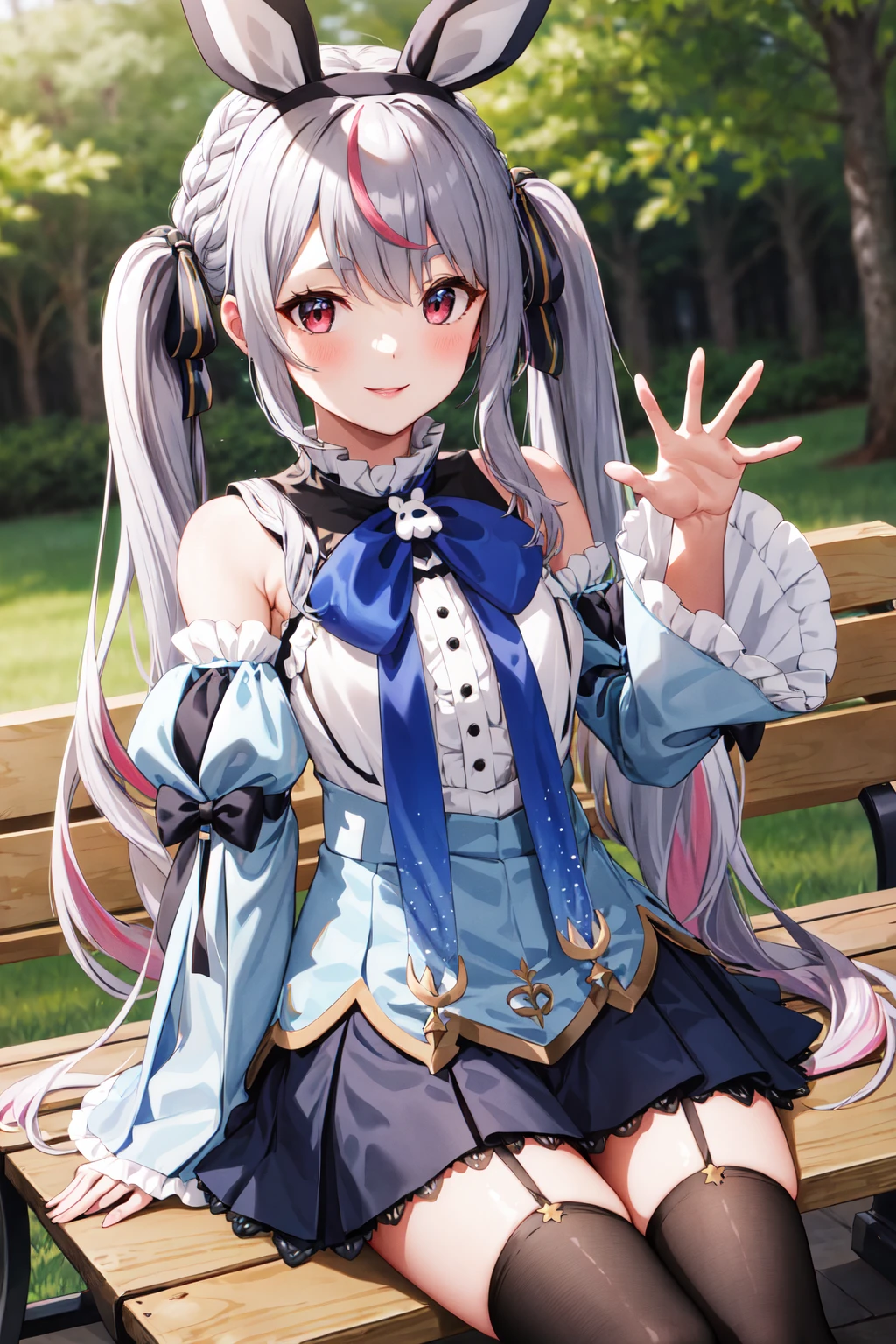 masterpiece, best quality, highres, aamimi, long hair, grey hair, twintails, streaked hair, braid, black hairband, rabbit ears, hair ribbon, thick eyebrows, bare shoulders, blue bowtie, blue dress, detached sleeves, blue sleeves, black bow, black skirt, black thighhighs, <lora:tosaki_mimi_v1:0.7>, sitting, bench, waving, smile