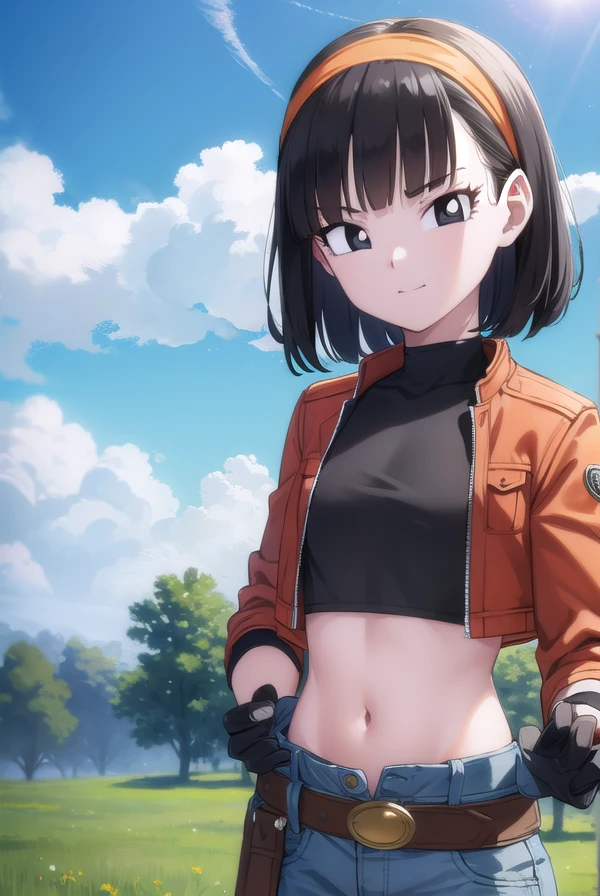 dragonballpan, <lora:dragon ball pan-lora-nochekaiser:1>,
pan xeno, short hair, bangs, black hair, gloves, navel, jacket, hairband, open clothes, black gloves, midriff, belt, pants, blunt bangs, (black eyes:1.5), crop top, black shirt, red jacket, cropped jacket, orange hairband, smile,
BREAK ,
BREAK outdoors, forest, nature, trees, grass, clouds, sky, sun,
BREAK looking at viewer, (cowboy shot:1.5),
BREAK <lyco:GoodHands-beta2:1>, (masterpiece:1.2), best quality, high resolution, unity 8k wallpaper, (illustration:0.8), (beautiful detailed eyes:1.6), extremely detailed face, perfect lighting, extremely detailed CG, (perfect hands, perfect anatomy),