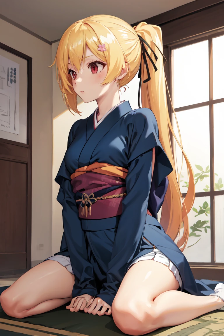 masterpiece, best quality, absurdres, LisesharteAtismata, ponytail, hair ribbon, indoors, kimono, hair flower, floral print, wariza, sitting, hands on own knees, <lora:LisesharteAtismata:1>