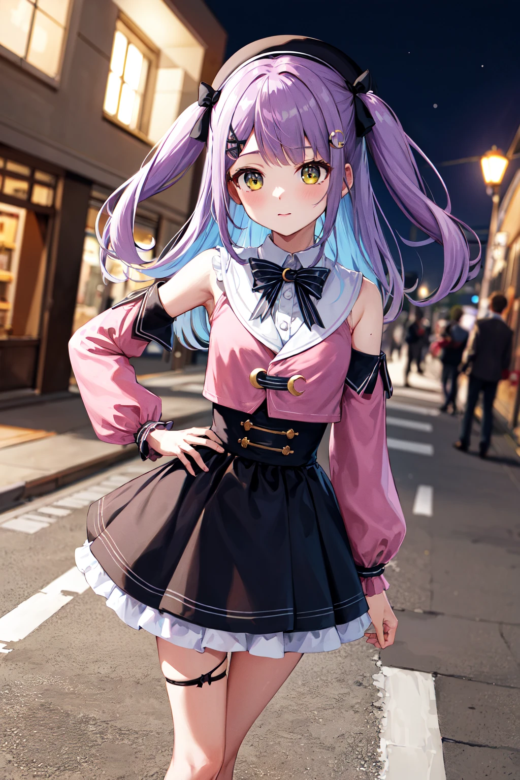 masterpiece, best quality, highres, aaruna, long hair, two side up, hair bow, hairclip, beret, black headwear, black bowtie, crescent, shoulder cutout, pink shirt, detached sleeves, long sleeves, black skirt, frilled skirt, single thighhigh, <lora:shinomiya_runa_v1:0.7>, night, standing, street, hand on hip, city