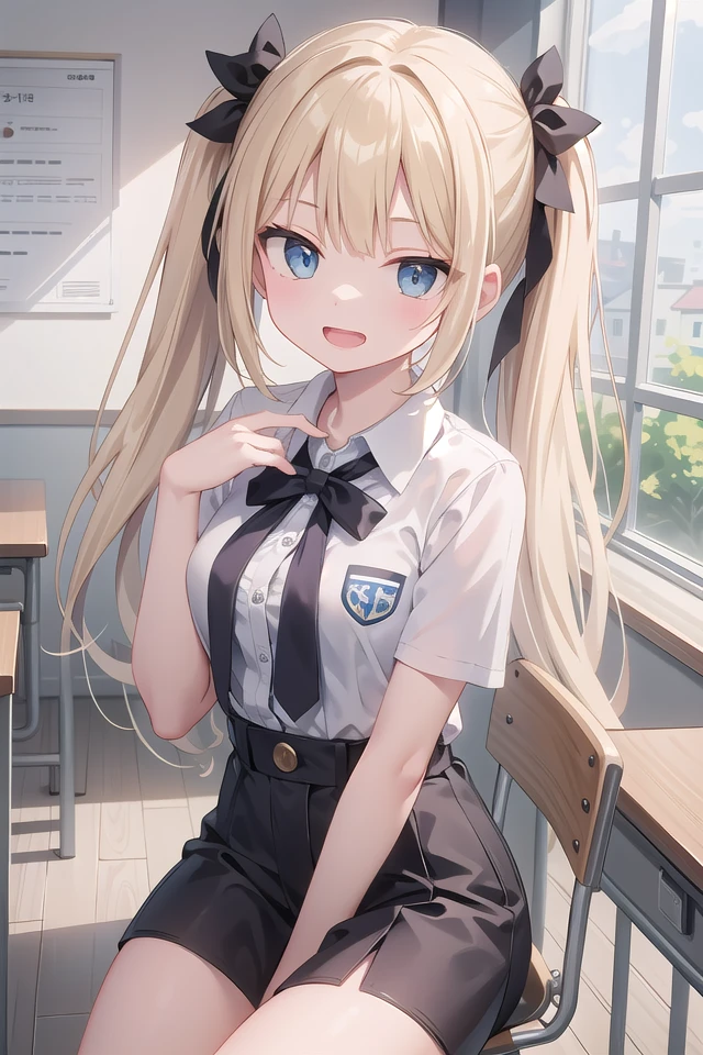 insanely detailed, absurdres, ultra-highres, ultra-detailed, best quality,
1 girl, solo, , nice hands, perfect hands,
BREAK,
wearing summer school uniform,
evil smile, open mouth,
sitting,
45 angle, cowboy shot, looking at viewer,
BREAK,
slender, kawaii, perfect symmetrical face, ultra cute girl, ultra cute face, ultra detailed eyes, ultra detailed hair, ultra cute, ultra beautiful,
by Canon EOS, SIGMA Art Lens 35mm F1.4, ISO 200 Shutter Speed 2000,
BREAK,
indoors, in classroom,
blonde hair, twintails, blue eyes