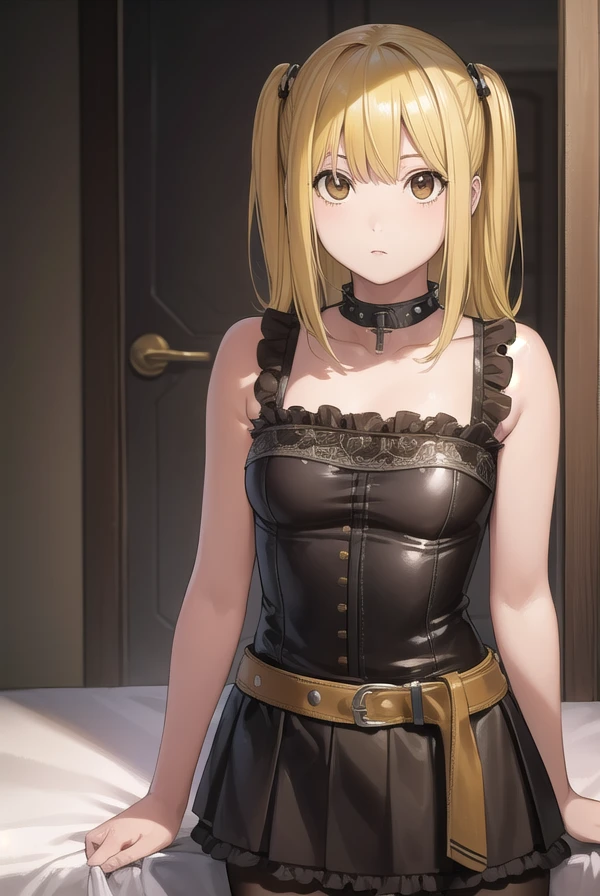 misaamane, <lora:misa amane manga-lora-nochekaiser:1>,
misa amane, twintails, (brown eyes:1.5), (yellow hair:1.5), sidelocks, long hair,
BREAK skirt, pantyhose, sleeveless, belt, cross, frilled skirt, gothic, collar, spiked collar,
BREAK indoors, bed,
BREAK looking at viewer, (cowboy shot:1.5),
BREAK <lyco:GoodHands-beta2:1>, (masterpiece:1.2), best quality, high resolution, unity 8k wallpaper, (illustration:0.8), (beautiful detailed eyes:1.6), extremely detailed face, perfect lighting, extremely detailed CG, (perfect hands, perfect anatomy),