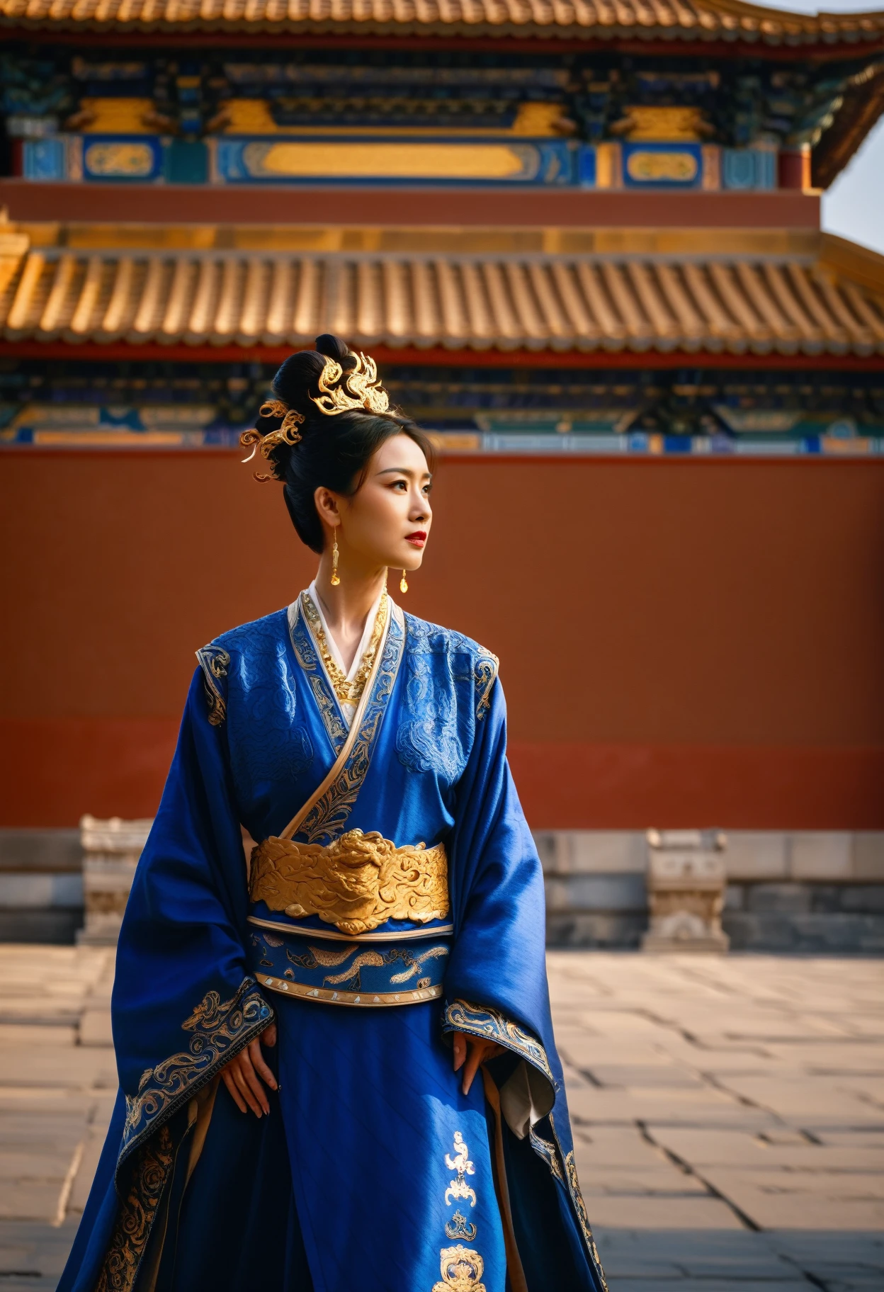 cinematic still Amidst the red walls of the Forbidden City, with its golden roofs gleaming under the sun, an asian woman in a royal blue robe with golden dragon motifs walked. Her attire, reminiscent of the empresses of yore, made her a moving masterpiece, echoing the grandeur and history of dynastic China.. emotional, harmonious, vignette, 4k epic detailed, shot on kodak, 35mm photo, sharp focus, high budget, cinemascope, moody, epic, gorgeous, film grain, grainy, cinematic, extremely, fabulous colors, artistic, perfect intricate, beautiful scenic full light, great composition, atmosphere, dynamic dramatic ambient, creative, lively, elegant