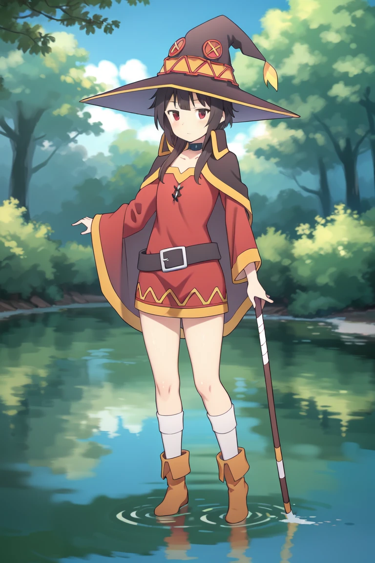 <lora:meguminV3:0.7>
Megumin, best quality, masterpiece, highres, short_hair, brown_hair, red_eyes, hat, witch_hat, black_hair, sidelocks,beautiful_face,full body,4k,bathing,water