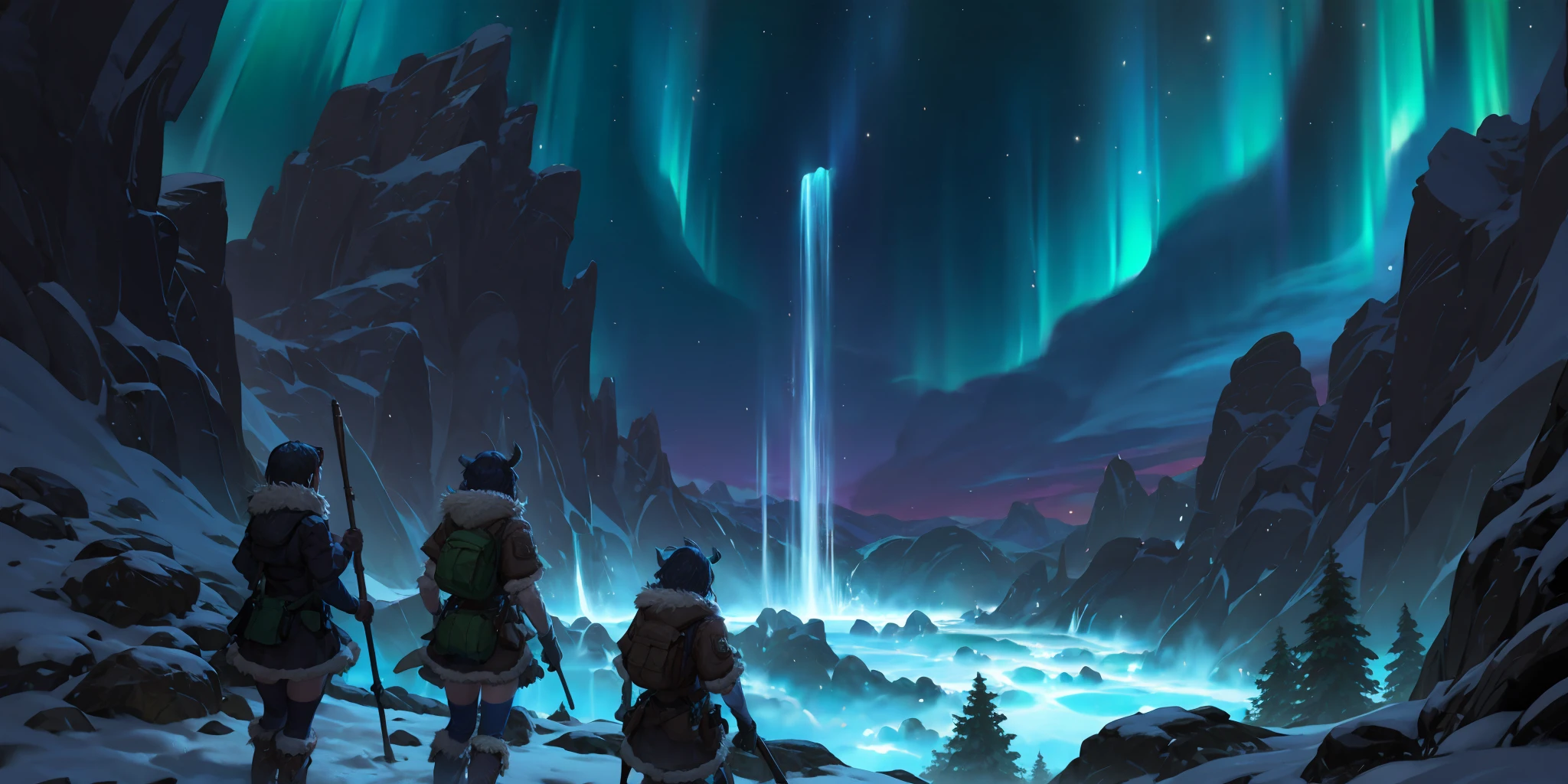 HEZI, LOL, \\\(lol style\\\), game cg, aurora, night, multiple girls, scenery, waterfall, sky, outdoors, star \(sky\), weapon, water, starry sky, night sky, bag, gun, backpack, 3girls, from behind, fur trim, short hair, rifle, staff, holding, mountain, fantasy, boots, 2girls, cliff, coat, standing, rock, hat, tree, skirt, horns, holding weapon<lora:LOLå·¨ç¥å³°_天ç(8bit)2-000018:0.6>,