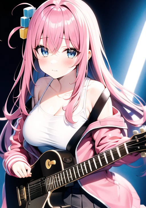 <lora:gotou:0.8>, gotou_hitori, 1girl, solo, long hair, breasts, looking at viewer, bangs, blue eyes, skirt, large breasts, hair ornament, long sleeves, holding, cleavage, hair between eyes, bare shoulders, closed mouth, collarbone, jacket, pink hair, open clothes, off shoulder, nail polish, open jacket, one side up, instrument, grey skirt, track jacket, music, guitar, pink jacket, playing instrument, holding instrument, electric guitar, cube hair ornament, gibson les paul