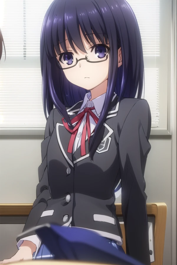 miifujibakama, <lora:mii fujibakama s2-lora-nochekaiser:1>,
mii fujibakama, long hair, black hair, (purple eyes:1.1), glasses,
BREAK school uniform, blazer, black blazer, shirt, white shirt, collared shirt, skirt, blue skirt, ribbon, red ribbon,
BREAK indoors, classroom,
BREAK looking at viewer, (cowboy shot:1.5),
BREAK <lyco:GoodHands-beta2:1>, (masterpiece:1.2), best quality, high resolution, unity 8k wallpaper, (illustration:0.8), (beautiful detailed eyes:1.6), extremely detailed face, perfect lighting, extremely detailed CG, (perfect hands, perfect anatomy),