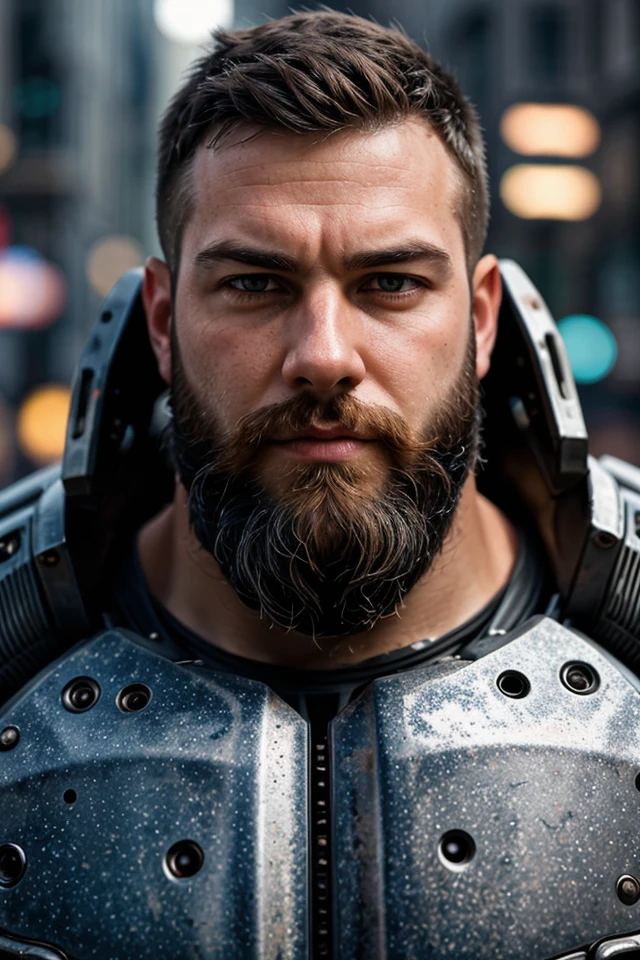 close up Portrait photo of muscular bearded guy in a worn mech suit, ((light bokeh)), intricate, (steel metal [rust]), elegant, sharp focus, photo by greg rutkowski, soft lighting, vibrant colors, masterpiece, ((streets)), detailed face