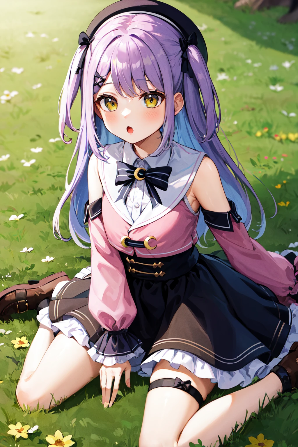masterpiece, best quality, highres, aaruna, long hair, two side up, hair bow, hairclip, beret, black headwear, black bowtie, crescent, shoulder cutout, pink shirt, detached sleeves, long sleeves, black skirt, frilled skirt, single thighhigh, <lora:shinomiya_runa_v1:0.7>, wariza, grass, :o, flower