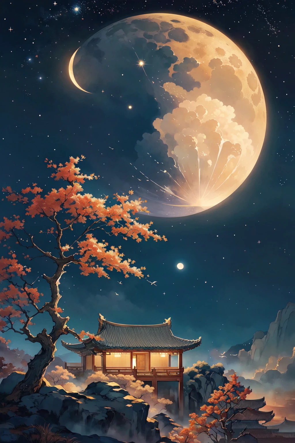 (masterpiece:1.2),best quality,PIXIV,
Hanama wine, scenery, tree, sky, no humans, star \(sky\), architecture, east asian architecture, night, moon, night sky, outdoors, bird, starry sky, cloud, building, house
<lora:Hanama wine V2-000018:0.8>,