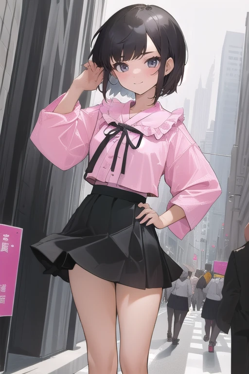 city,masterpiece,best quality,1girl,short hair, jiraikei fashion ,black skirt<lora:jiraikei-fashion:1>,pink shirt,hand on hip